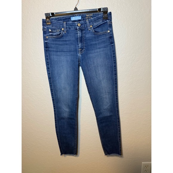 7 For All Mankind Blair Ankle Skinny Jeans Dark Wash Denim Frayed Hem - Picture 1 of 5